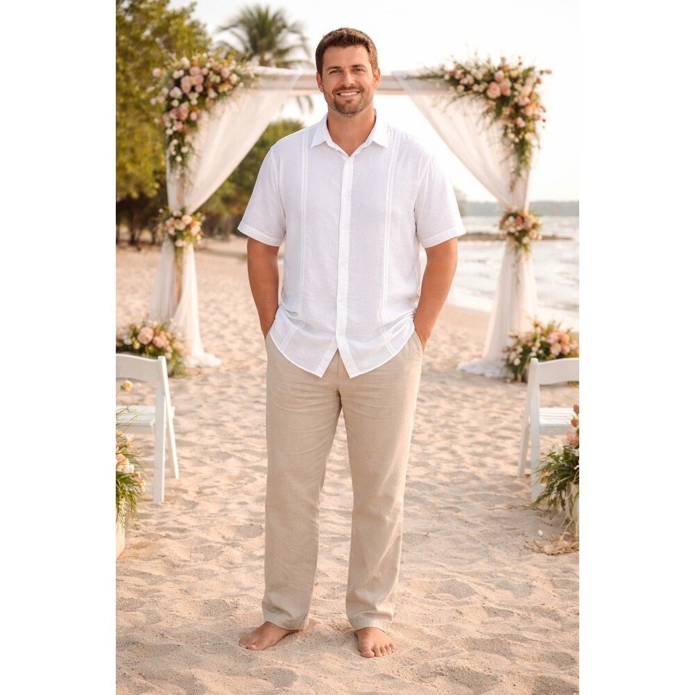 Guayabera Style Linen Blend Shirt White Short Sleeve Beach Wedding XXL